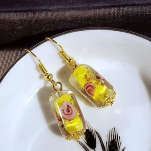 Vintage Yellow Murano Lampwork Glass Flower Inside Beads Round Tube Earrings
